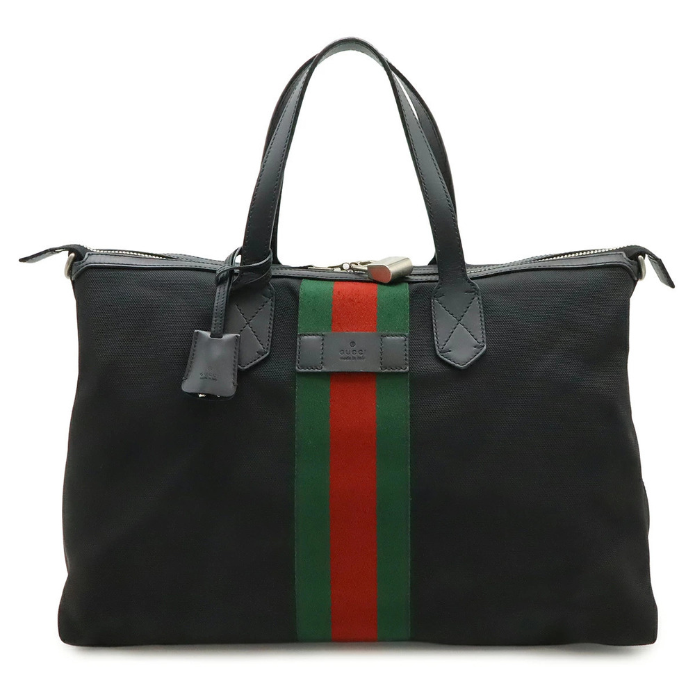 Gucci Web Stripe Sherry Tote Bag Shoulder Leather Black